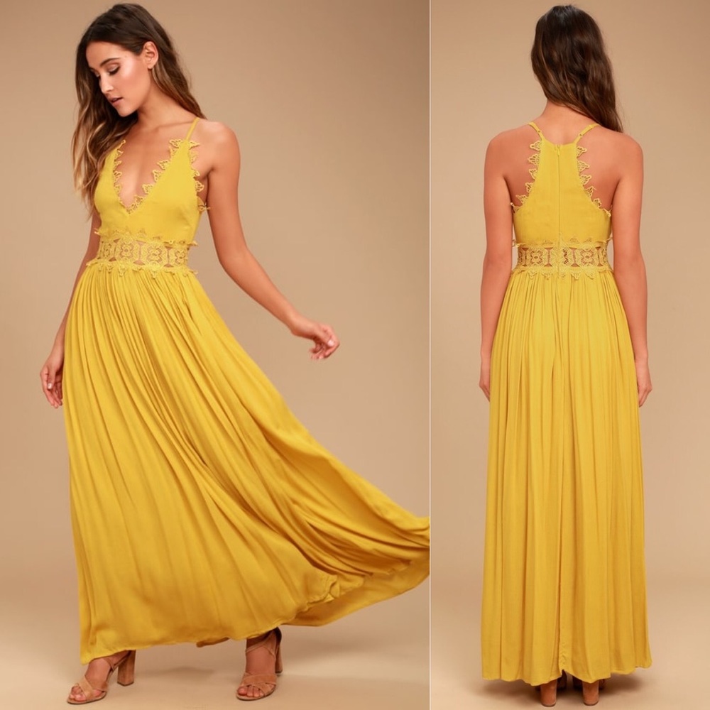 Lulu’s This Is Love Mustard Yellow Lace Maxi Dress